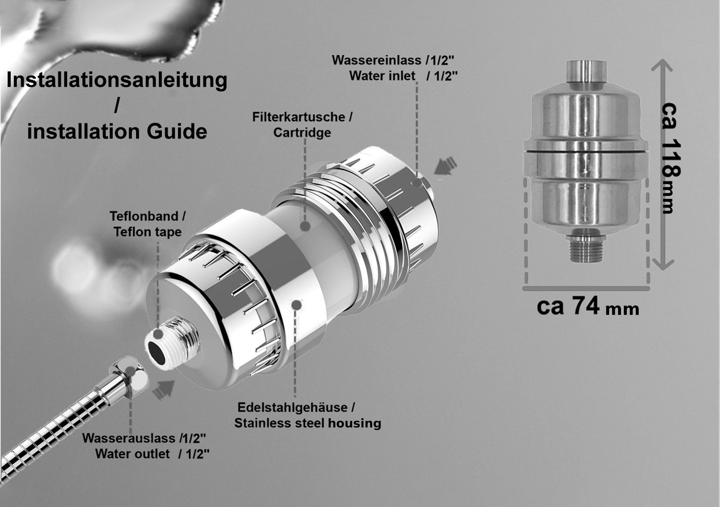 A5-beipackzettel met informatie over het waterfiltersysteem