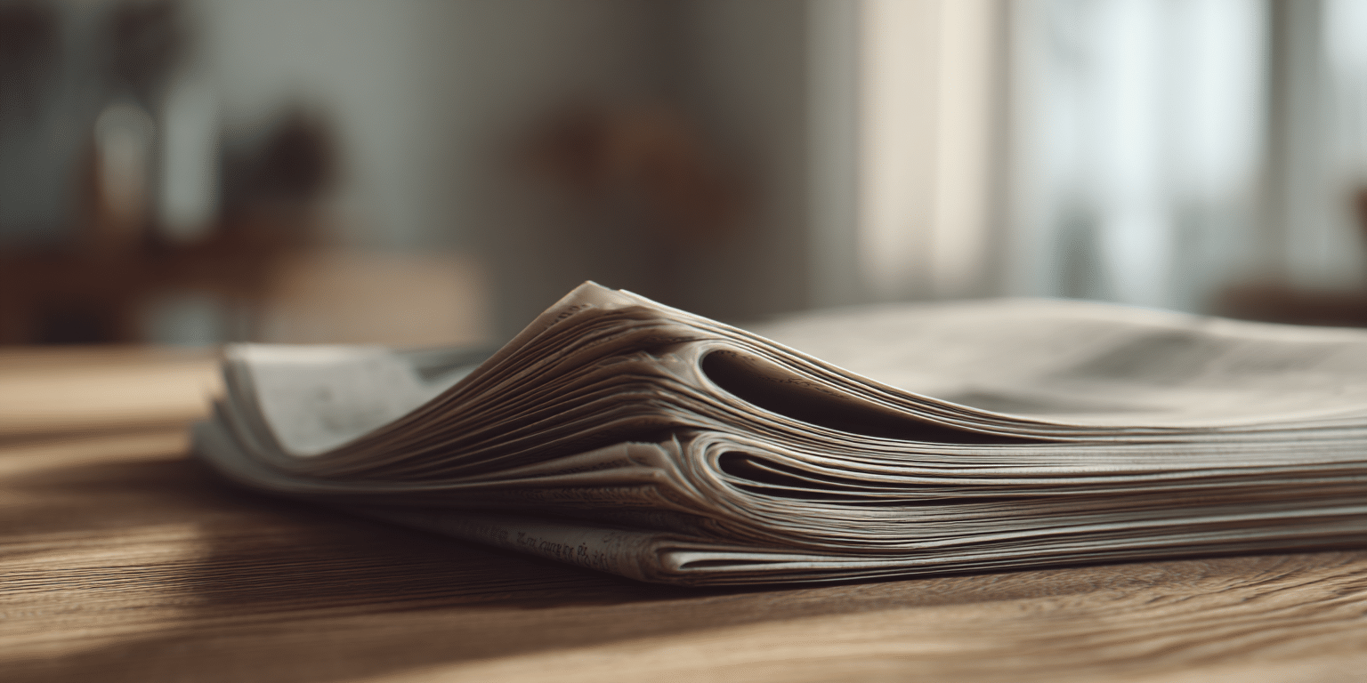 Fotorealistisch beeld van een opgevouwen krant op een houten tafel, met vage lijnen die tekst suggereren, in zacht daglicht, symbool voor een afwachtende reactie op nieuws